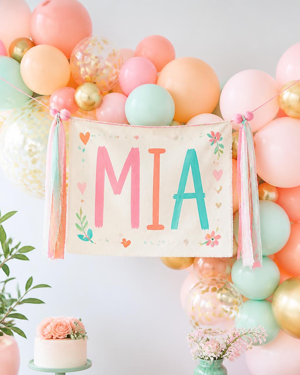 Hand-painted fabric name banner with colorful brush lettering hung on a pastel balloon garland