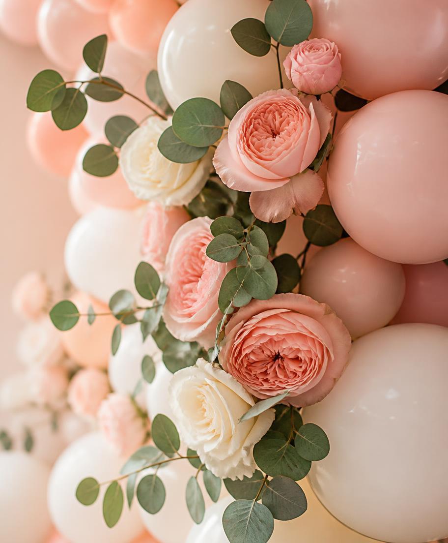 Fresh pink roses and eucalyptus tucked into a pastel balloon garland